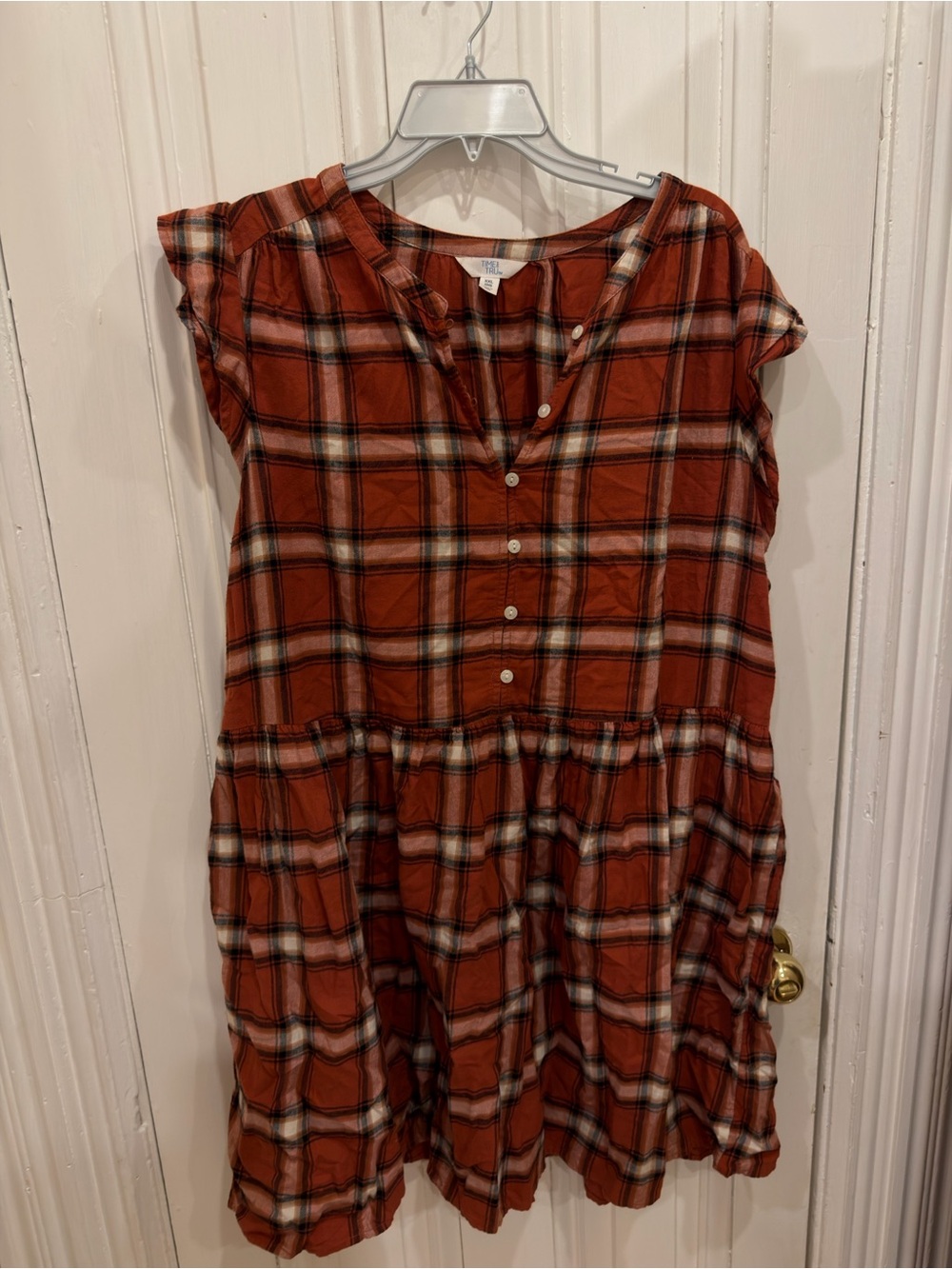 Time and Tru Rust Plaid Short-Sleeve Tiered Dress